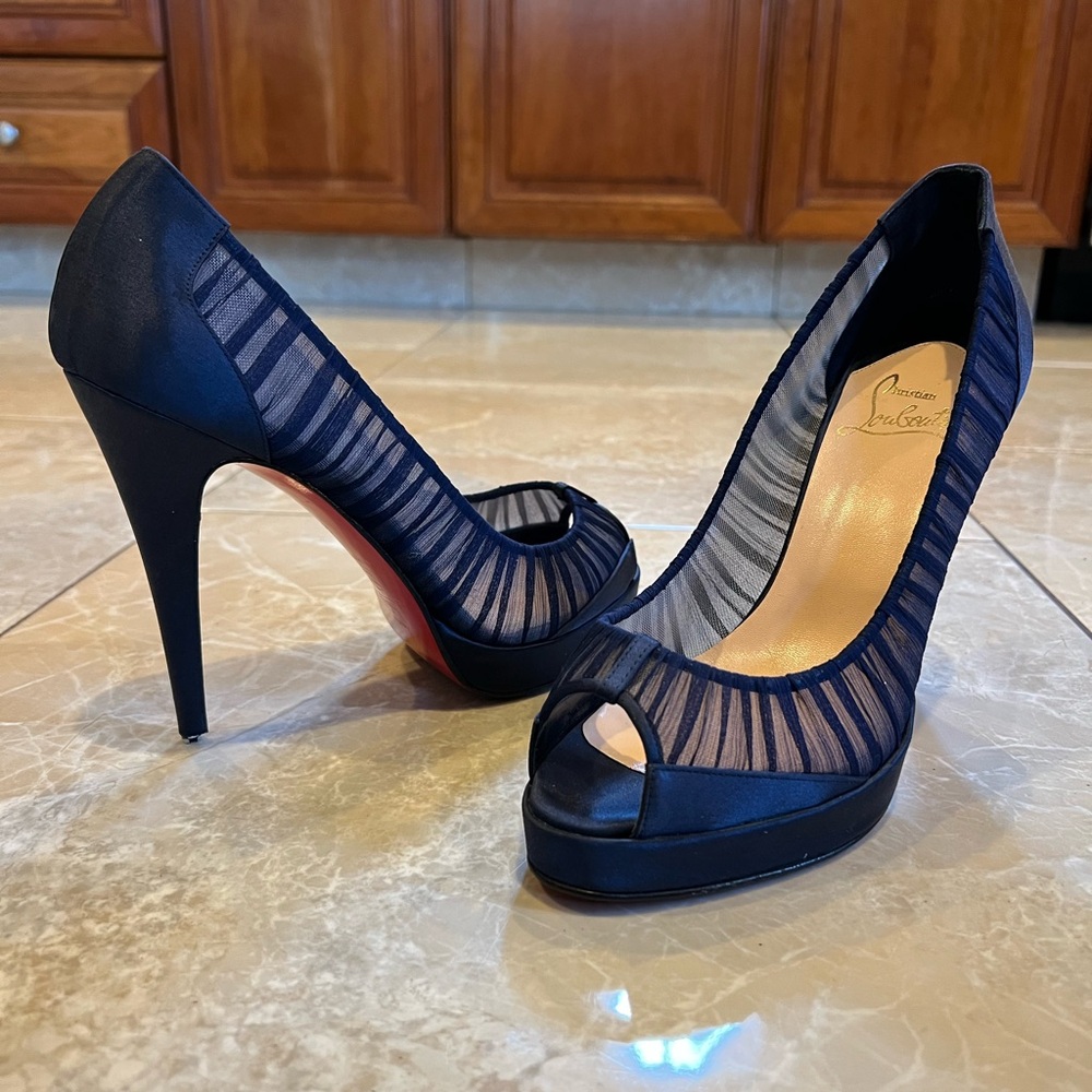Christian Louboutin Navy Mesh Peep Toe Platform Heels